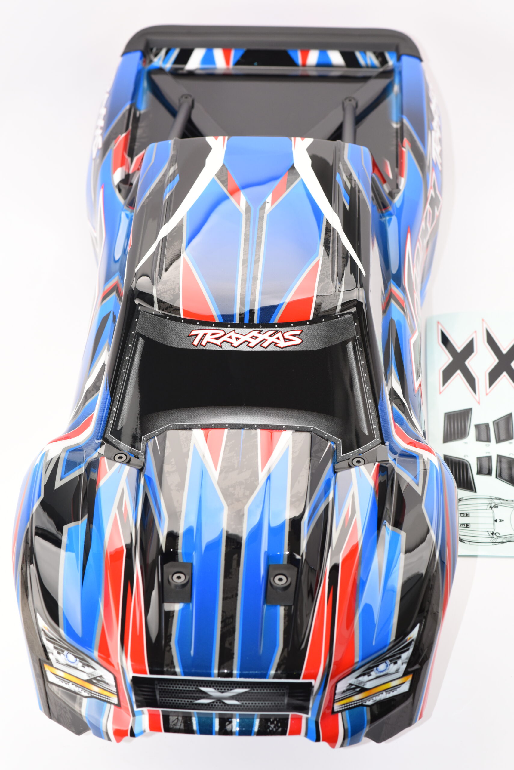 Traxxas Belted Body (2) X-MAXX TRAXXAS 77096-4 - 2024 BODY cover Shell (Blue Graphics Decals 7811B w/ Clipless Mounts & Body Supports)