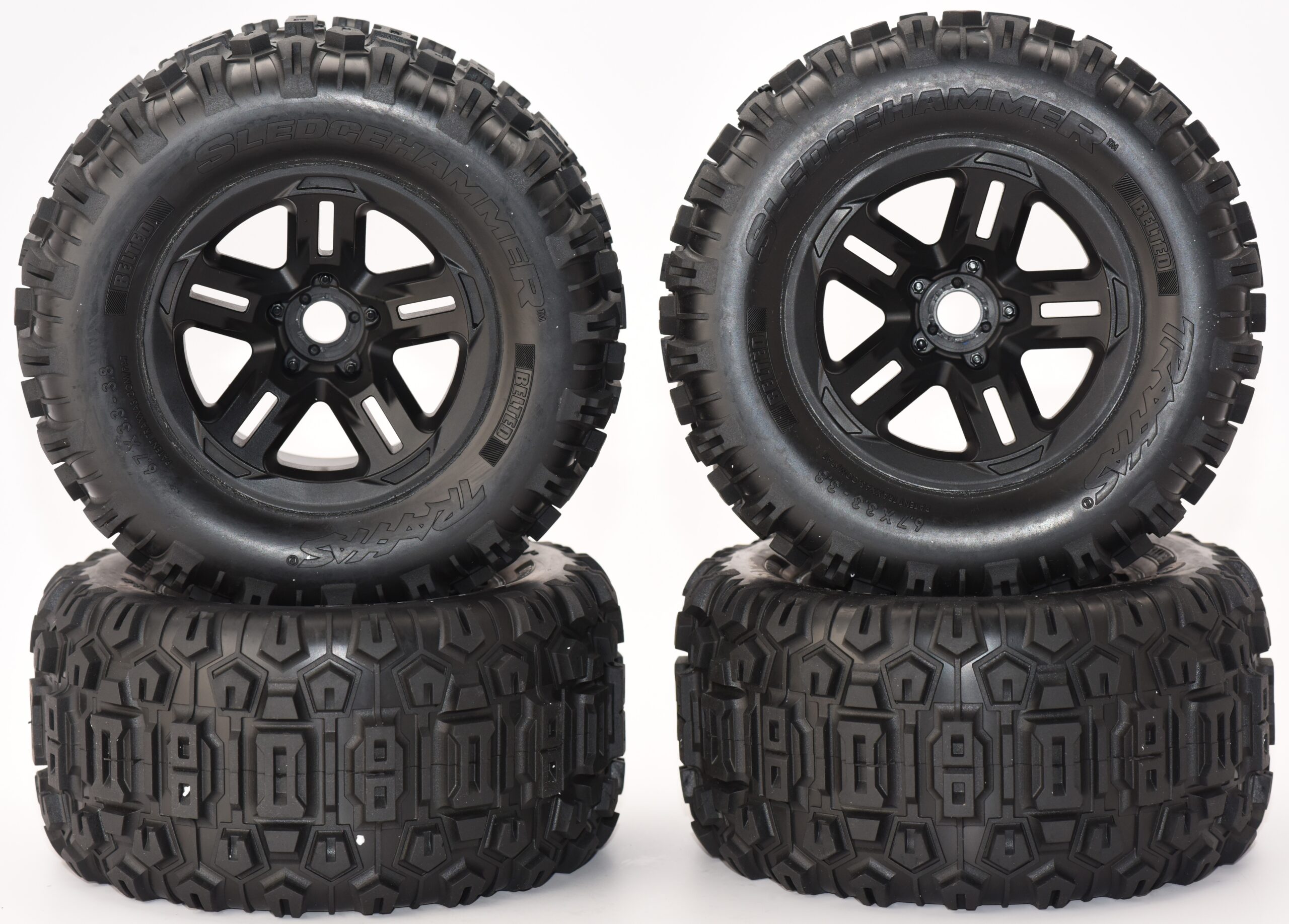 Fits Traxxas Sledge 95096-4 Sledgehammer 3.8 BELTED Tires & 17mm Black Wheels