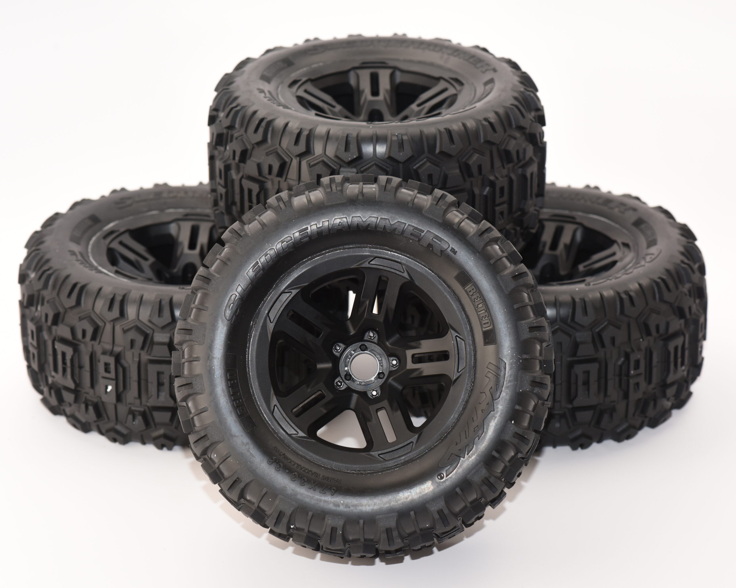 Fits Traxxas Sledge 95096-4 Sledgehammer 3.8 BELTED Tires & 17mm Black Wheels