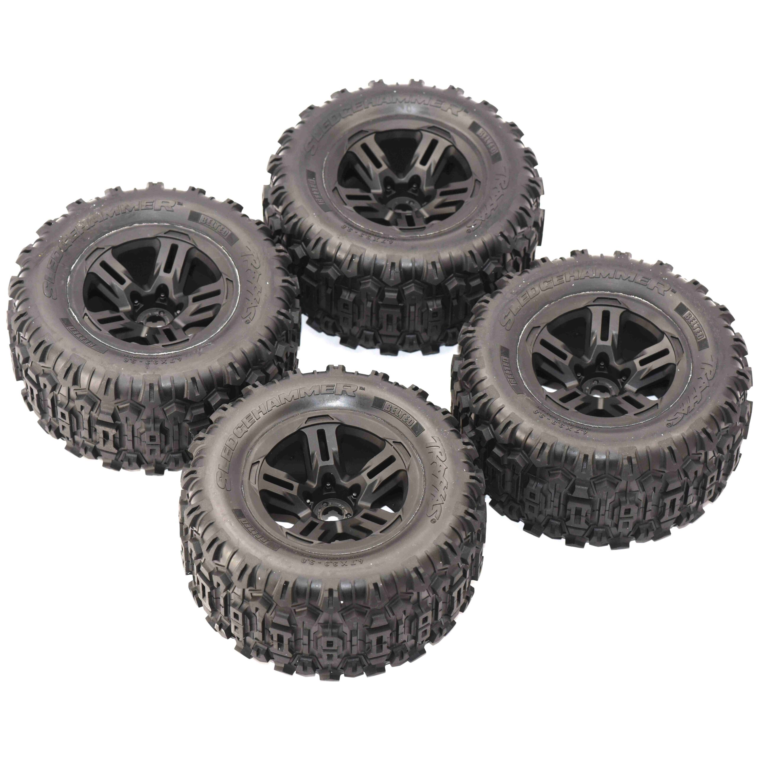 Fits Traxxas Sledge 95096-4 Sledgehammer 3.8 BELTED Tires & 17mm Black Wheels