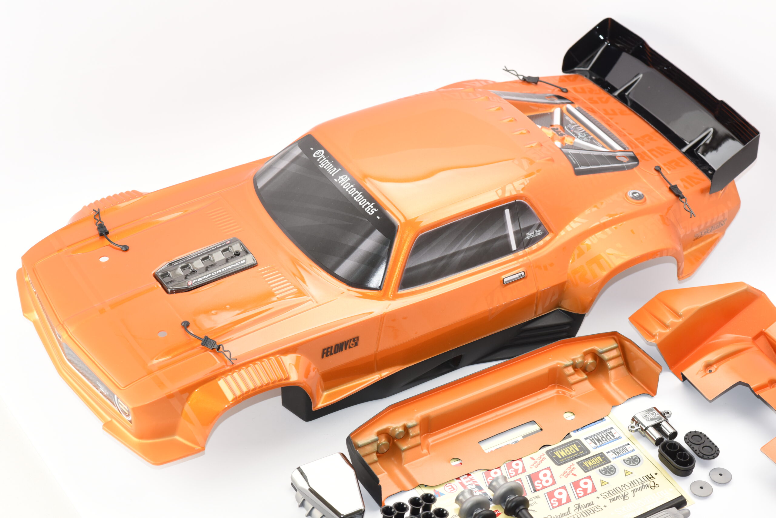 Arrma FELONY 6s - Body Shell (ORANGE Resto-Mod muscle Street Bash ARA7617V2)