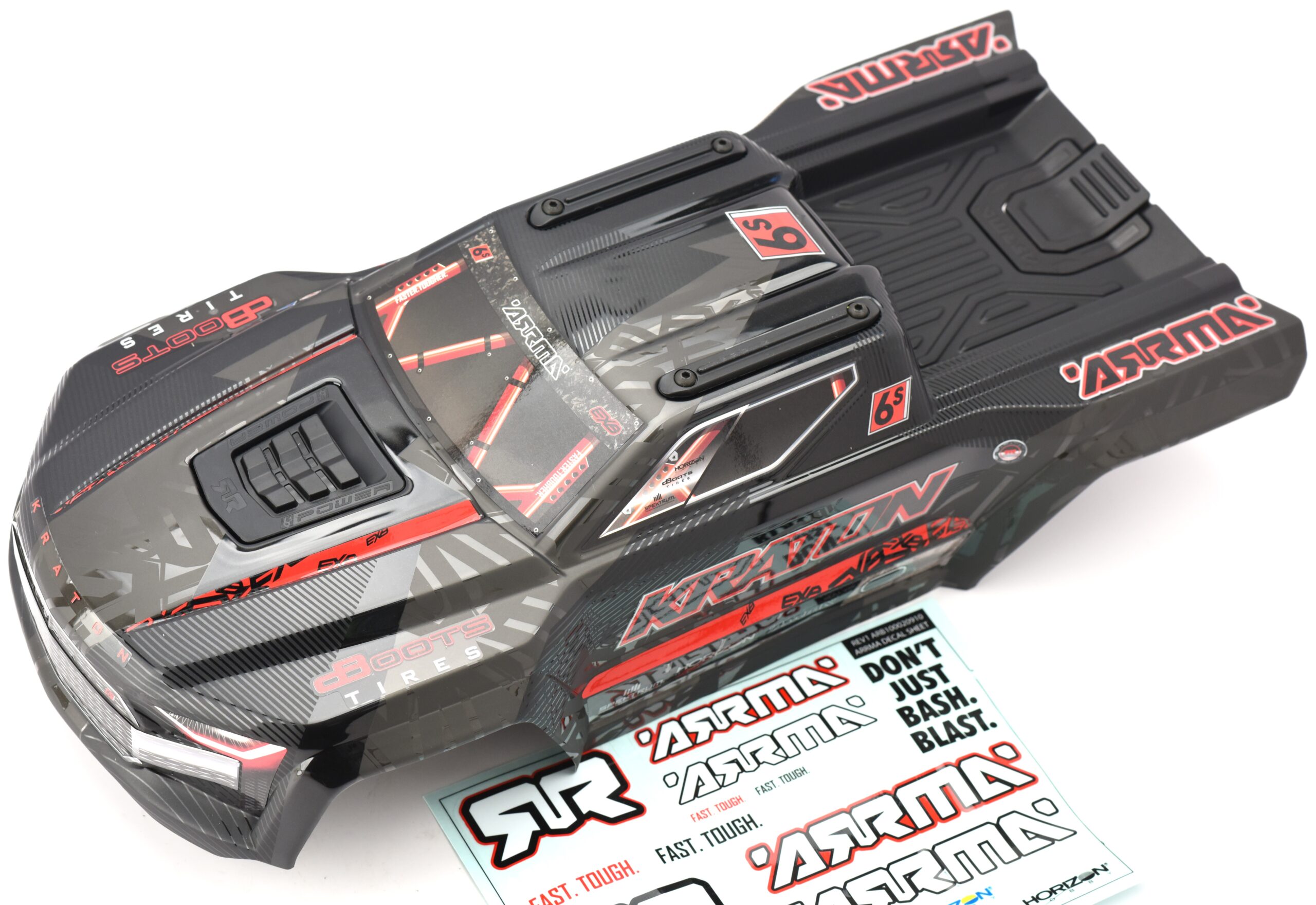 Arrma Kraton V6 6s BLX EXB Black Red Painted & Decaled Clipless Body Roof Support