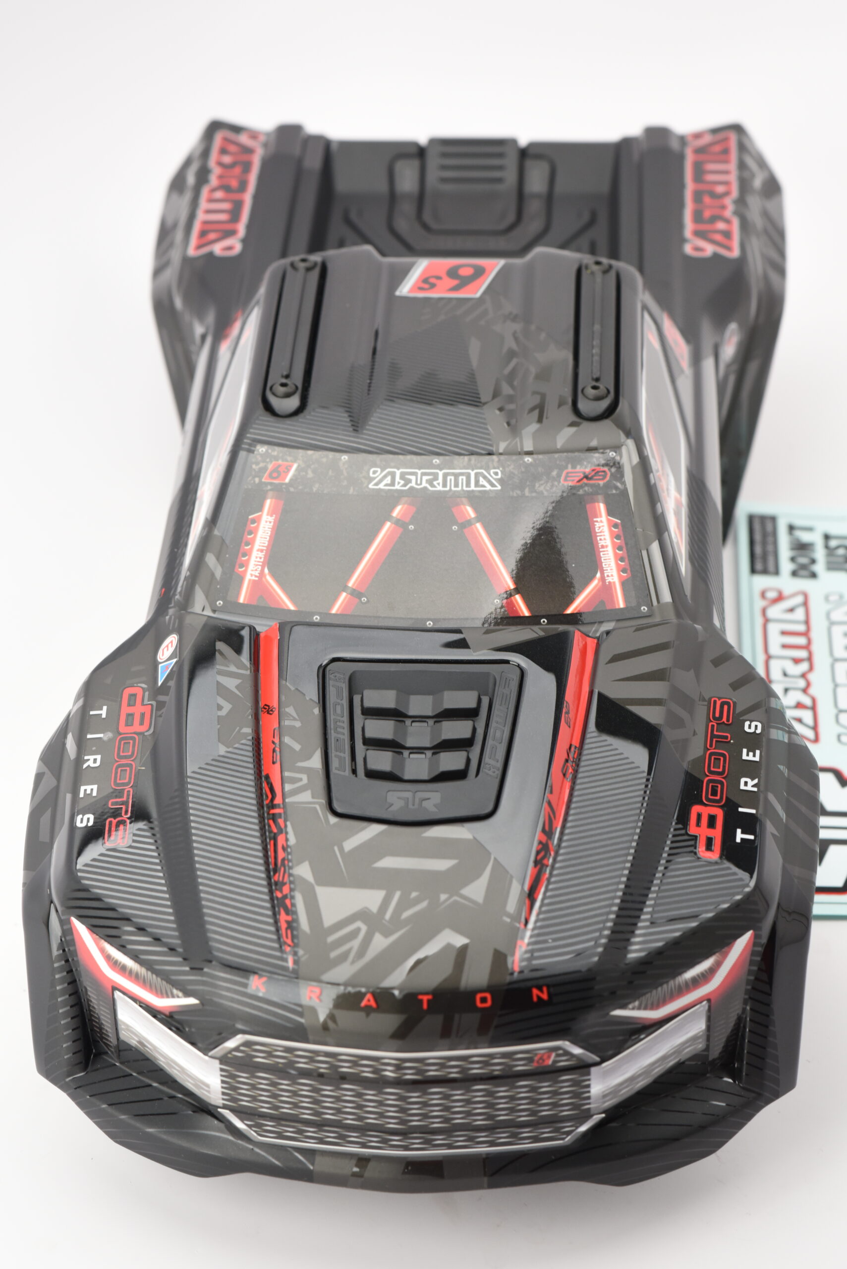 Arrma Kraton V6 6s BLX EXB Black Red Painted & Decaled Clipless Body Roof Support